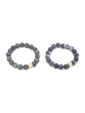 2 Bracelet Set - Larvikite and Gray River Pebble Stone Stretch Bracelets - Gray